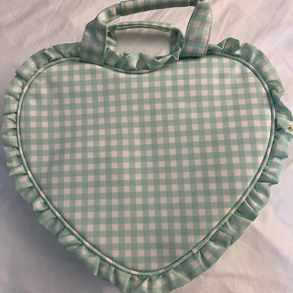 Stoney Clover Lane Heart Shape Mint Picnic Nylon Lined Gingham Bag Initial R NWT